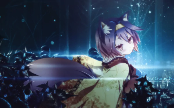 HD PC desktop wallpaper featuring Izuna Hatsuse from the anime No Game No Life, surrounded by glowing blue particles in a dark, mystical setting.
