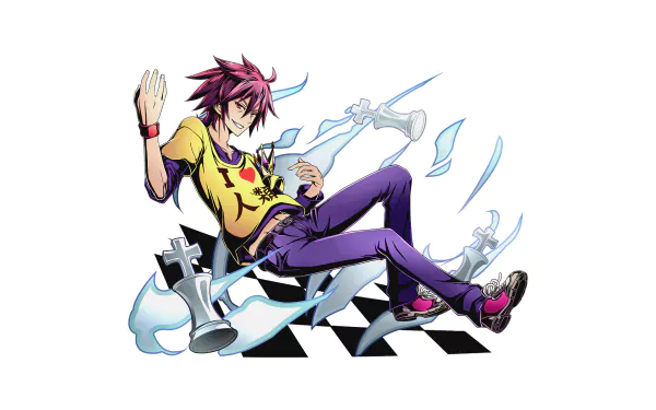 HD wallpaper of Sora from No Game No Life, featuring the anime character in a dynamic pose with chess pieces and a checkered background.