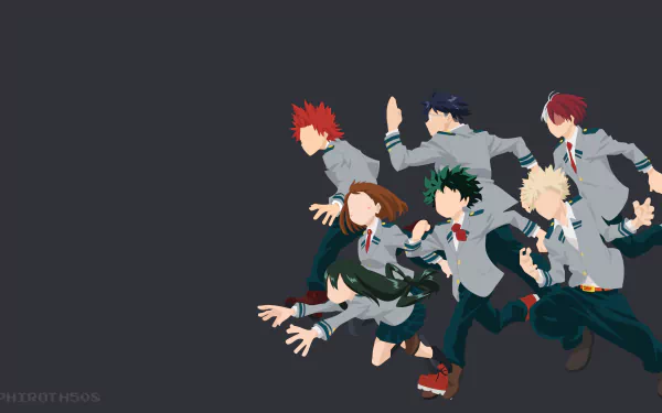 HD wallpaper featuring anime characters from My Hero Academia: Tsuyu Asui, Katsuki Bakugou, Ochaco Uraraka, Izuku Midoriya, Shoto Todoroki, Tenya Iida, and Eijiro Kirishima against a plain background.