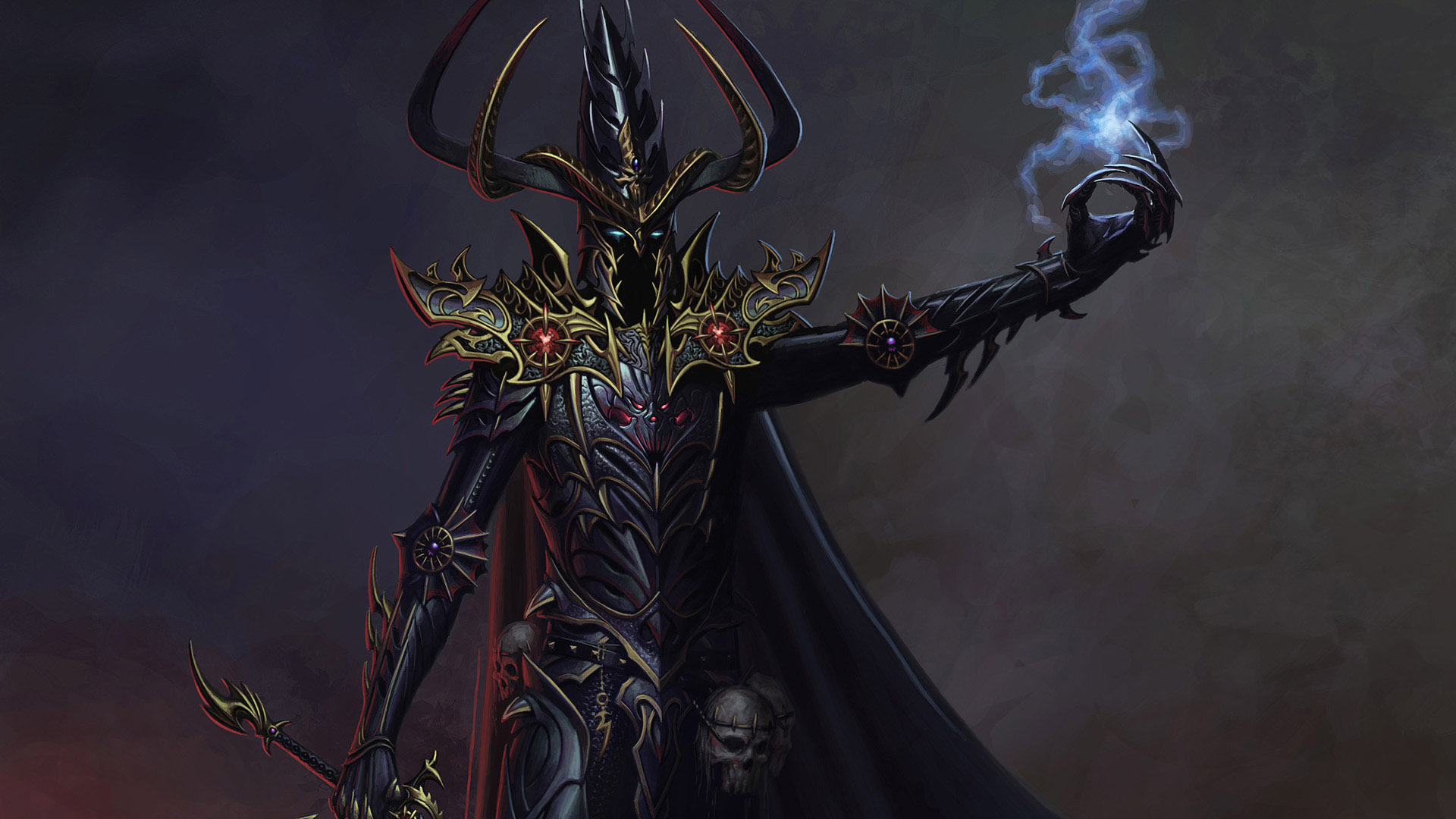 Malekith, a dark elf warrior with demonic powers, exudes a menacing aura in this HD desktop wallpaper.