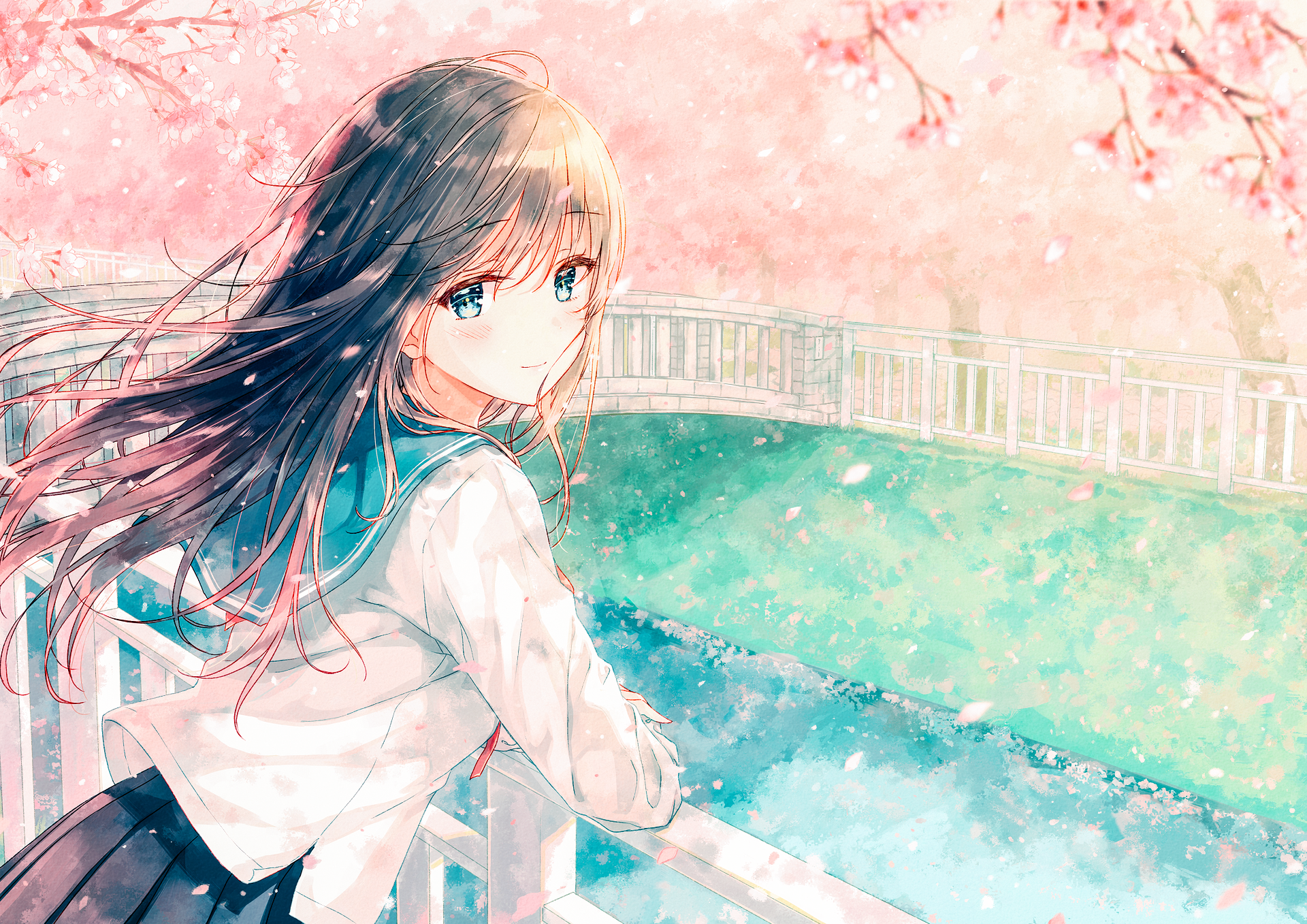 Looking over a river as the cherry blossoms fall by Hiten