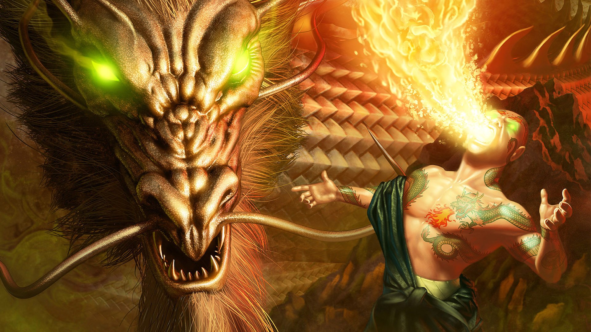 A fierce battle scene in a fantasy setting, featuring a powerful wizard confronting a menacing dragon that breathes fire, creating an epic atmosphere for any desktop wallpaper.