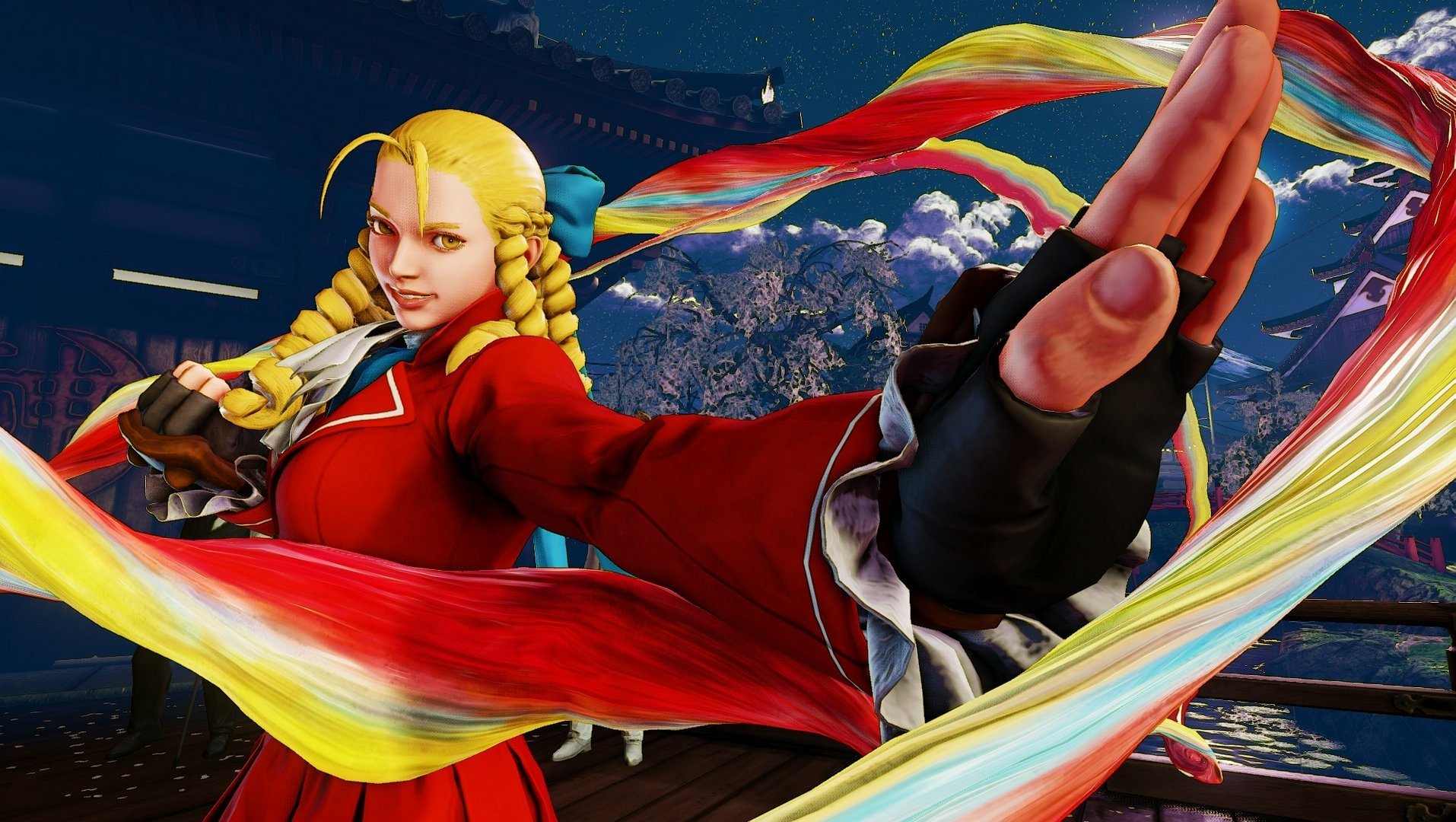 HD PC desktop wallpaper featuring a dynamic Street Fighter V scene with a character in red delivering a powerful, colorful attack.
