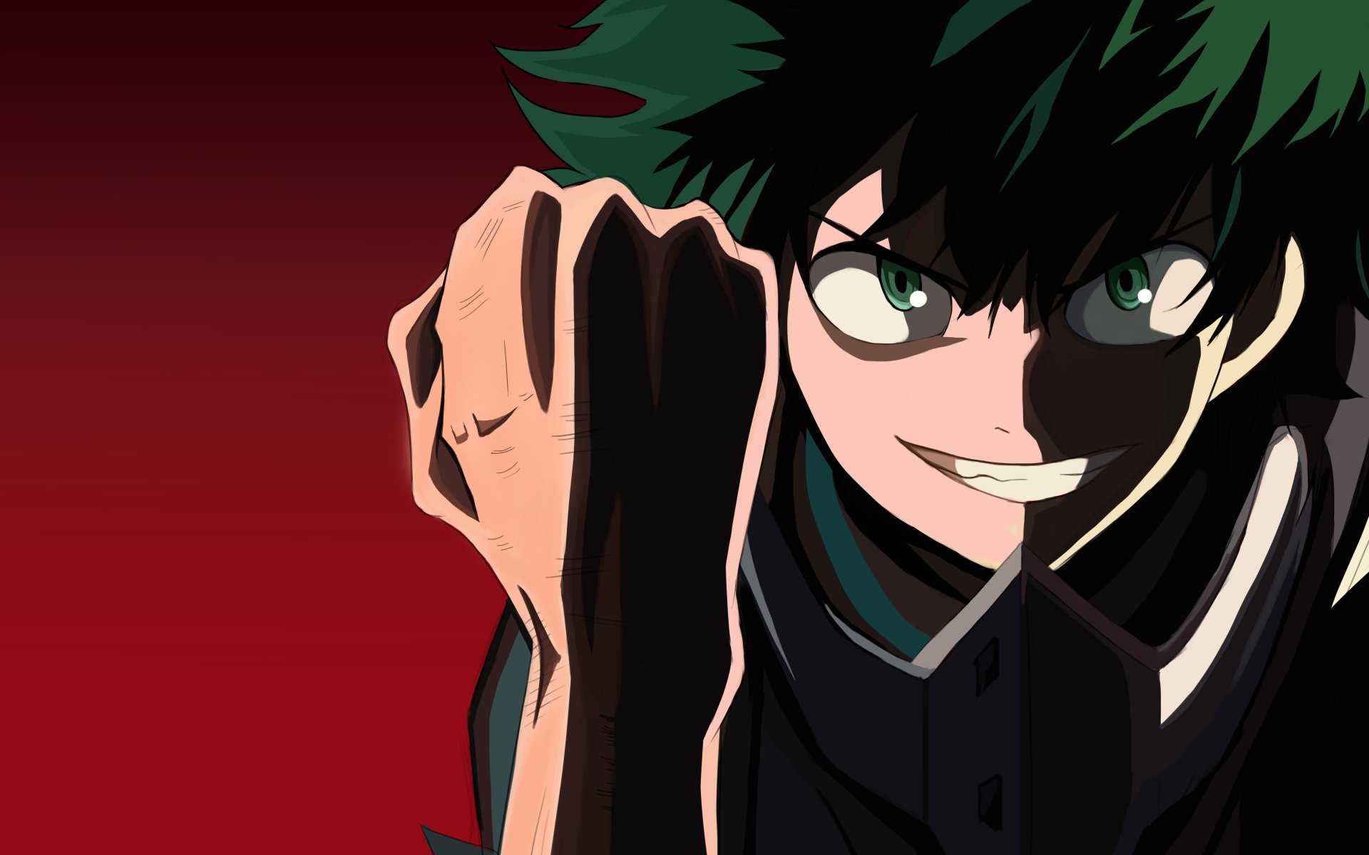 Izuku Midoriya from My Hero Academia is poised for a punch on this HD wallpaper, with intense eyes and clenched fist against a dramatic red background.
