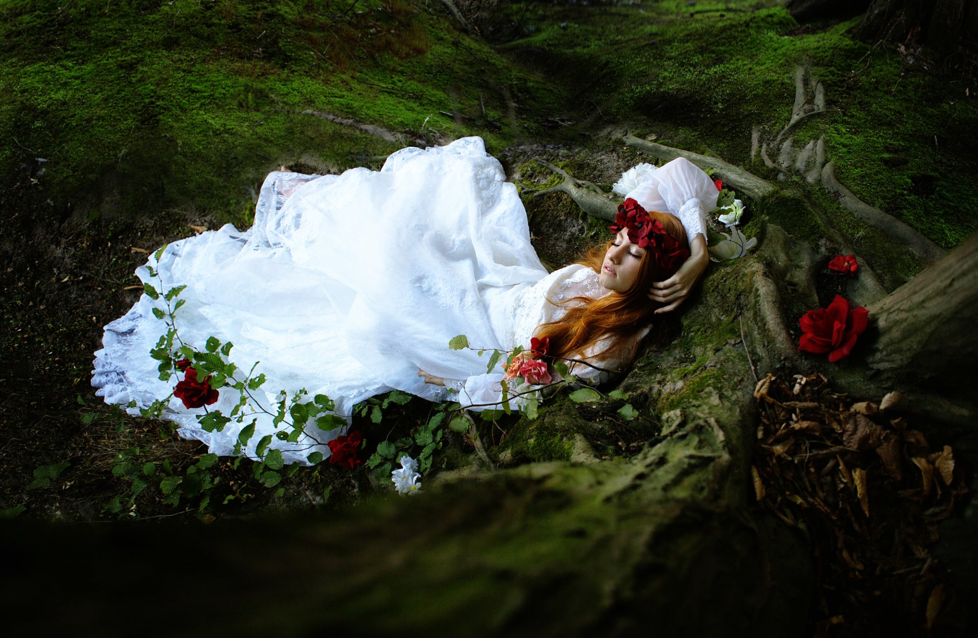Download Lying Down Redhead Wreath White Dress Moss Model Woman Mood HD Wallpaper by Maryna Khomenko