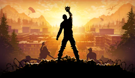 H1Z1: King of the Kill 4K Ultra HD PC wallpaper featuring a silhouetted figure holding a crown at sunset over a Z1 Battle Royale cityscape.
