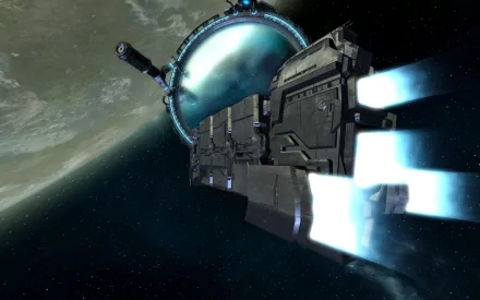 HD sci-fi PC desktop wallpaper: spaceship racing past a glowing star gate with blue engine trails, a distant planet looming in the deep space background.