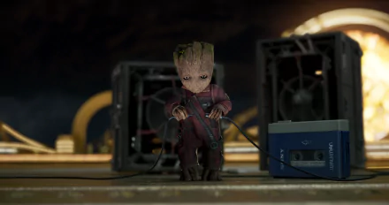 HD wallpaper of Groot from Guardians of the Galaxy Vol. 2, showing him connecting a tape player with a determined look. The background features an intricate sci-fi setting.