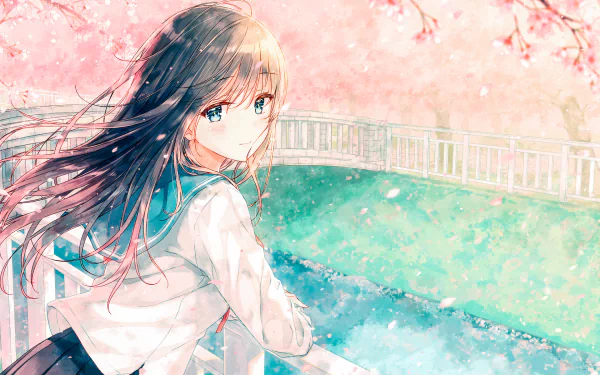 canal school uniform spring petal blossom brown hair blue eyes blush long hair Anime girl anime girl HD Desktop Wallpaper | Background Image