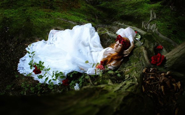 Women Mood Model Moss White Dress Wreath Redhead Lying Down HD Wallpaper | Background Image
