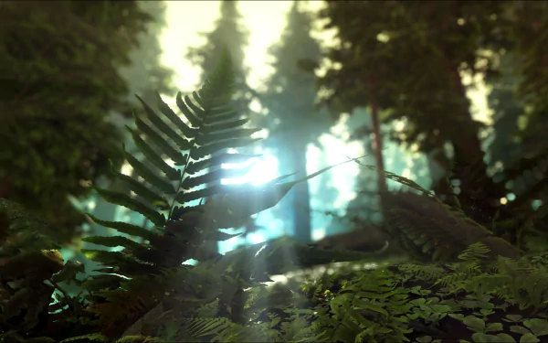 HD desktop wallpaper from the video game Ark: Survival Evolved showcasing a lush, sunlit forest with ferns and towering trees in the background.
