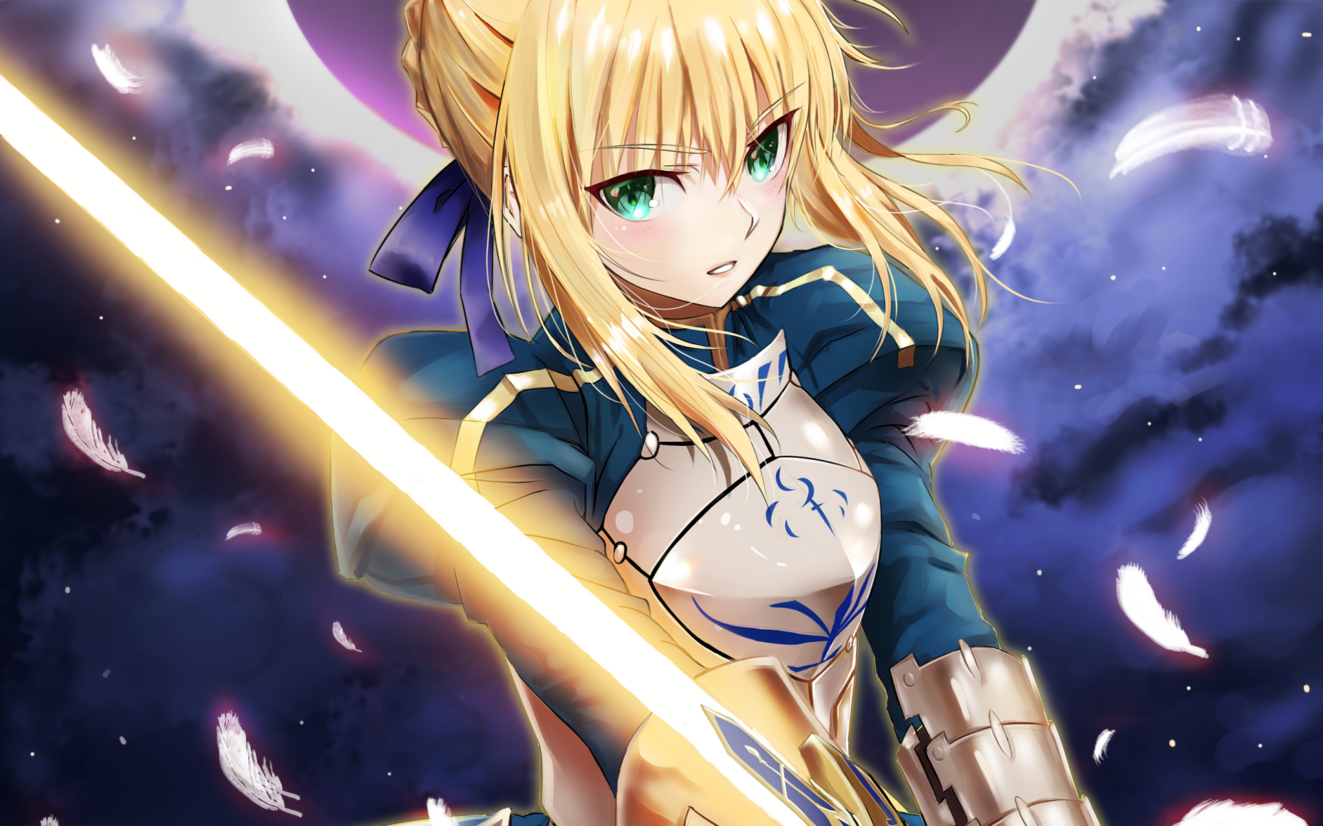 An HD desktop wallpaper featuring Saber from the Fate Series, specifically Fate/Stay Night. Saber is depicted with her iconic sword, set against a dramatic background with falling feathers.