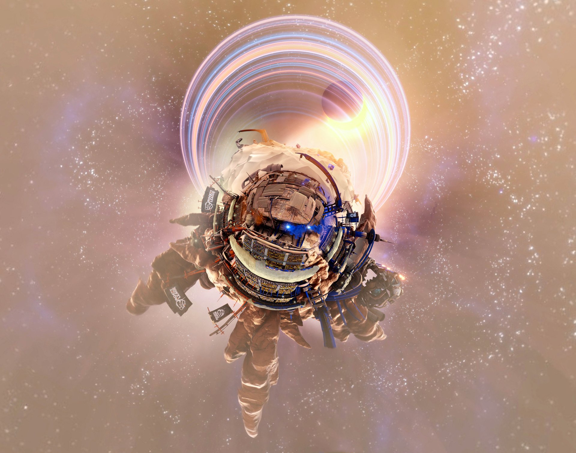 Rocket League HD PC desktop wallpaper and background: tiny-planet view of a rocket-powered car and arena shards spiraling into a luminous cosmic vortex.