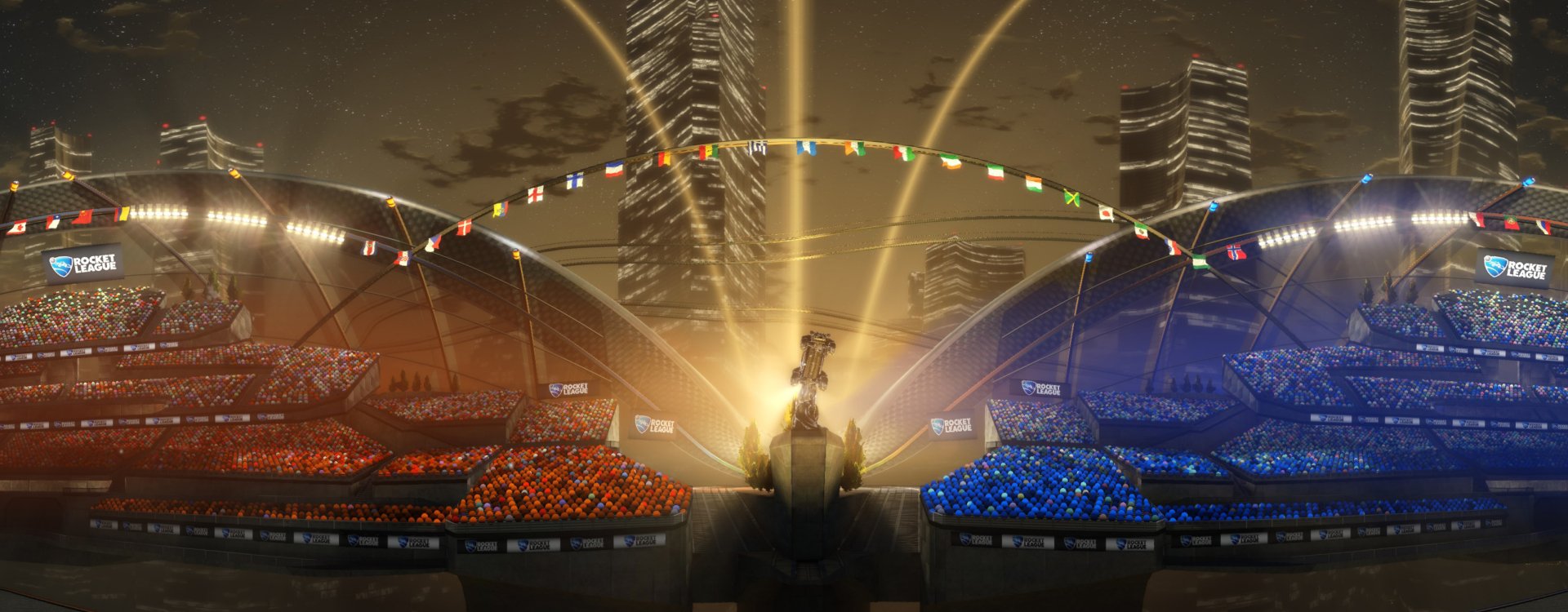 HD PC desktop wallpaper of Rocket League video game stadium at night: trophy on a pedestal lit by golden beams, cheering orange and blue crowds, neon-lit arena and city skyline.