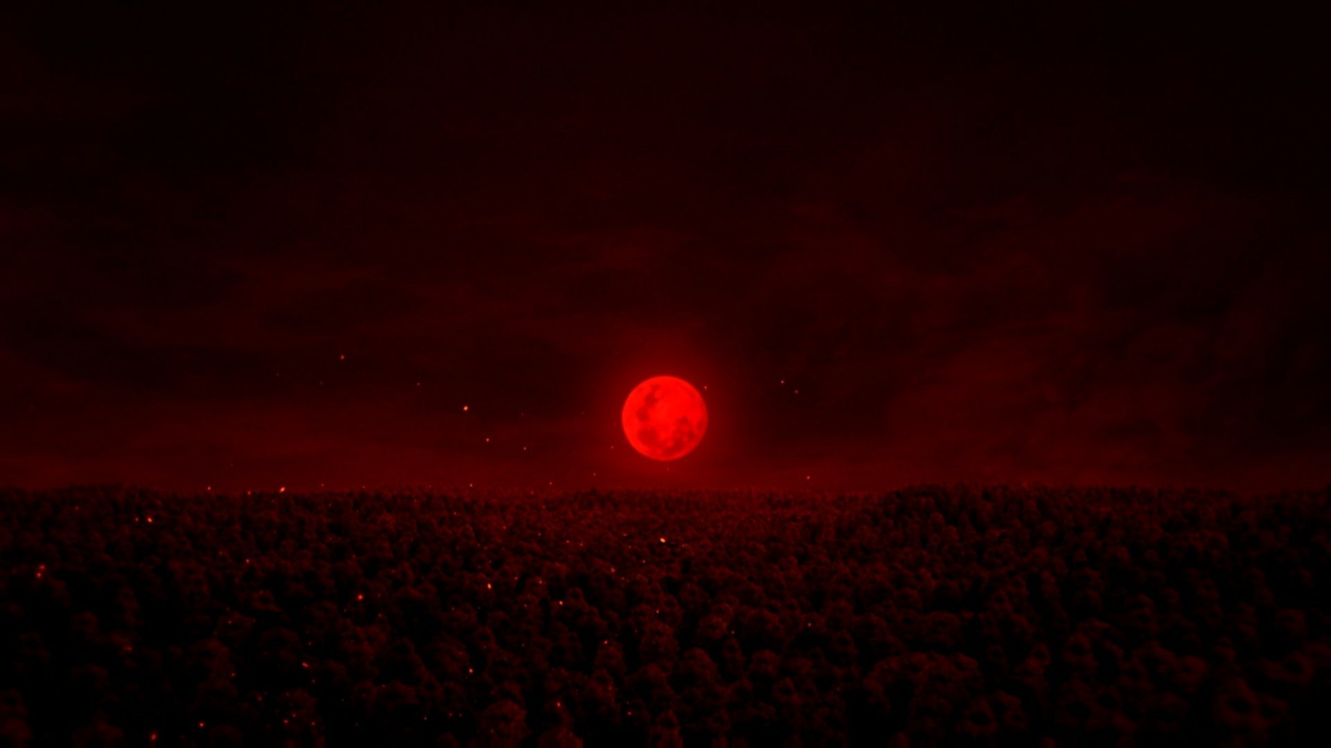 A captivating HD wallpaper from the video game Tales of Berseria, depicting a blood red moon rising over a dark, forested landscape.