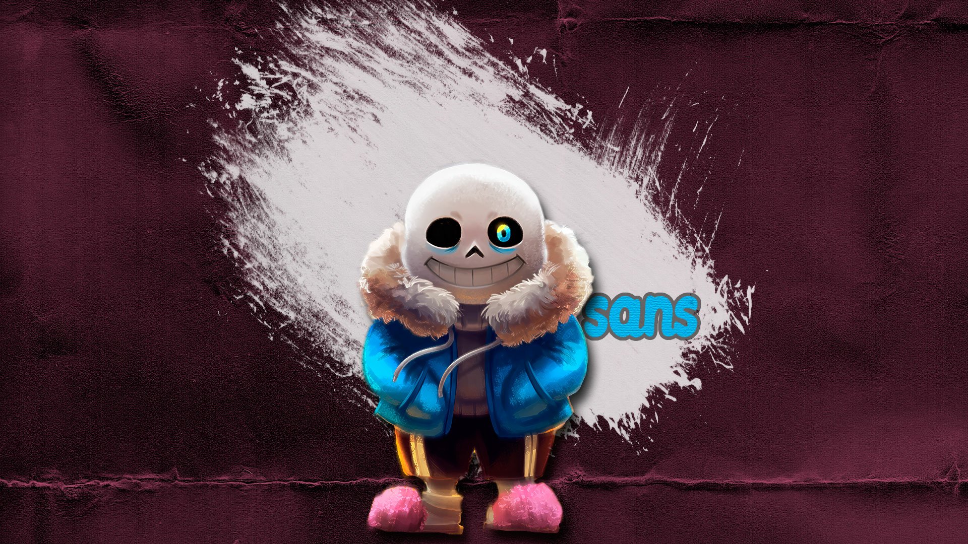 HD desktop wallpaper featuring Sans, a character from the video game Undertale, set against a dark maroon background with white brushstroke effect.