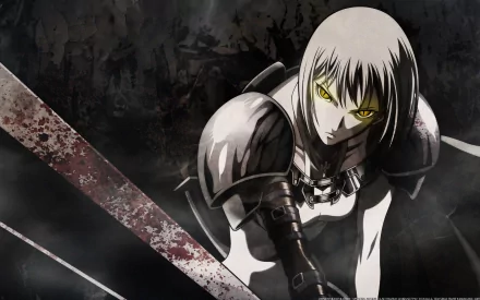 HD desktop wallpaper featuring Clare from the anime Claymore, shown wielding a sword with a fierce expression against a dark background.