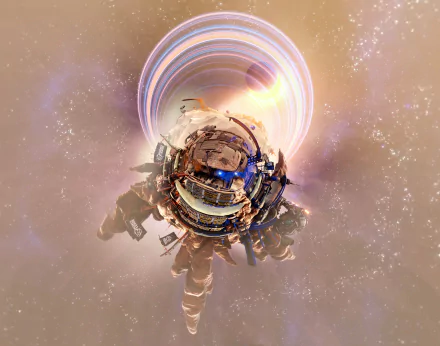 Rocket League HD PC desktop wallpaper and background: tiny-planet view of a rocket-powered car and arena shards spiraling into a luminous cosmic vortex.