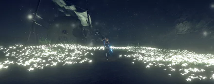 HD desktop wallpaper and background from the video game NieR: Automata, featuring a dramatic nighttime scene with a character standing amidst glowing white flowers and an imposing structure in the background.