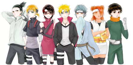 HD desktop wallpaper featuring Mitsuki, Chouchou Akimichi, Sarada Uchiha, Boruto Uzumaki, and other characters from the anime Boruto.
