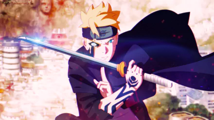 HD anime desktop wallpaper featuring Boruto Uzumaki wielding a sword with Jōgan eyes activated, showcasing dynamic action from the Boruto series.