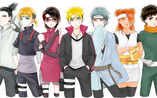 HD desktop wallpaper featuring Mitsuki, Chouchou Akimichi, Sarada Uchiha, Boruto Uzumaki, and other characters from the anime Boruto.