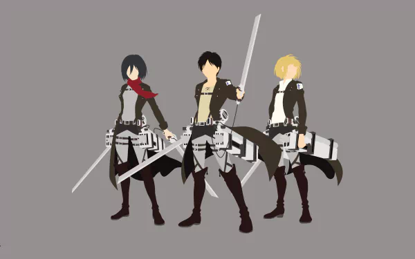 4K Ultra HD wallpaper featuring Armin Arlert, Mikasa Ackerman, and Eren Yeager from the anime Attack on Titan, standing ready with swords against a gray background.