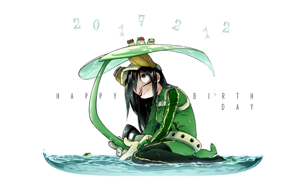 HD desktop wallpaper featuring Tsuyu Asui from My Hero Academia, sitting with a leaf over her head. The background has the text 2017 2 12 Happy Birthday.