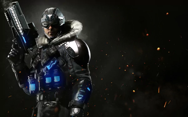 HD desktop wallpaper featuring Captain Cold from the video game Injustice 2, holding a weapon against a dark, embers-filled background.