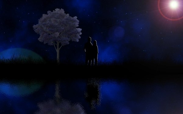 Artistic Love Blue Reflection Moon Couple Tree Silhouette HD Wallpaper | Background Image