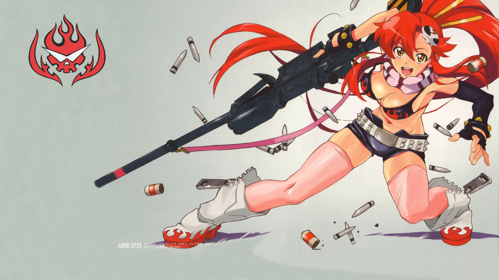 Yoko Littner with a sniper rifle, wearing boots, thigh highs, bikini, and scarf, sporting red hair, long hair, and yellow eyes.