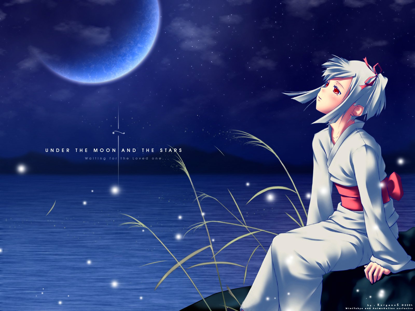 Anime-style HD desktop wallpaper of a cute character in a kimono sitting by the sea at night under a glowing moon and starry sky.