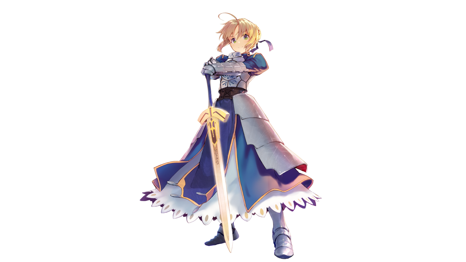 HD PC desktop wallpaper featuring Saber from the Fate/Stay Night anime series, depicted in her iconic blue and silver armor holding a glowing sword.