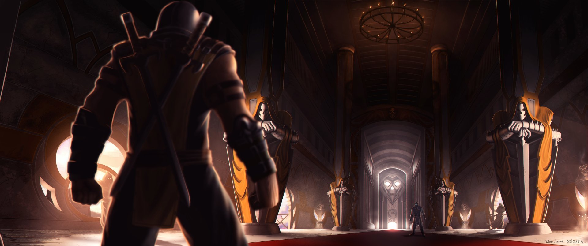 4K Ultra HD Mortal Kombat PC wallpaper: Scorpion stands in foreground facing Sub‑Zero across a dim, ornate hall, ready to clash — iconic video game showdown.