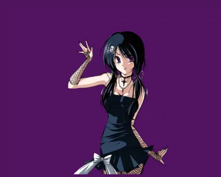 HD anime wallpaper featuring a cute anime girl with black hair, purple eyes, wearing a black skirt, fishnet gloves, and a necklace against a solid purple background.