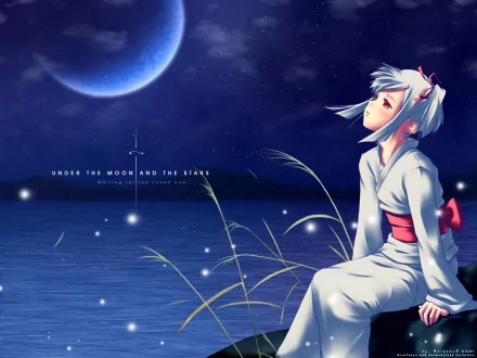 Anime-style HD desktop wallpaper of a cute character in a kimono sitting by the sea at night under a glowing moon and starry sky.