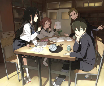 HD desktop wallpaper featuring characters Satoshi Fukube, Mayaka Ibara, Hōtarō Oreki, and Eru Chitanda from the anime Hyouka, in school uniforms, gathered around a table discussing papers.