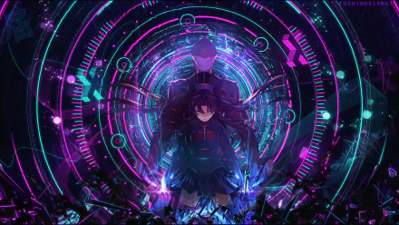 HD wallpaper featuring Archer and Rin Tohsaka from Fate/Stay Night: Unlimited Blade Works, with vibrant neon colors and intricately designed background elements.