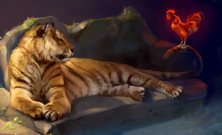 HD PC desktop wallpaper featuring a majestic tiger lounging while a glowing fantasy rooster perches on a rock in a dimly lit, mystical environment.