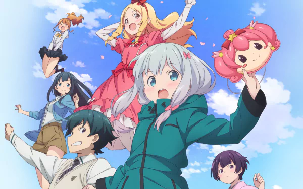 HD desktop wallpaper featuring characters Tomoe Takasago, Megumi Jinno, Elf Yamada, Senju Muramasa, and Sagiri Izumi from the anime EroManga-Sensei against a bright, blue sky background.