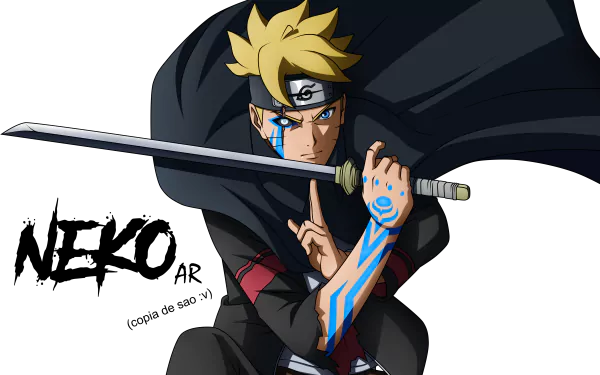HD anime wallpaper featuring Boruto Uzumaki from the series Boruto, showcasing the Jōgan. Boruto is depicted in a combat stance, holding a sword and adorned with blue markings.