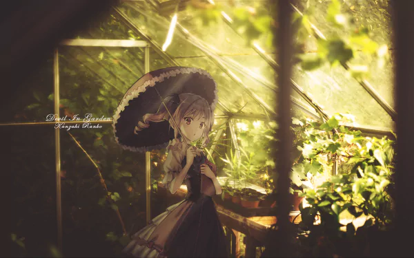 HD PC desktop wallpaper featuring an anime character from The iDOLM@STER Cinderella Girls holding a parasol in a sunlit, leafy indoor garden setting.