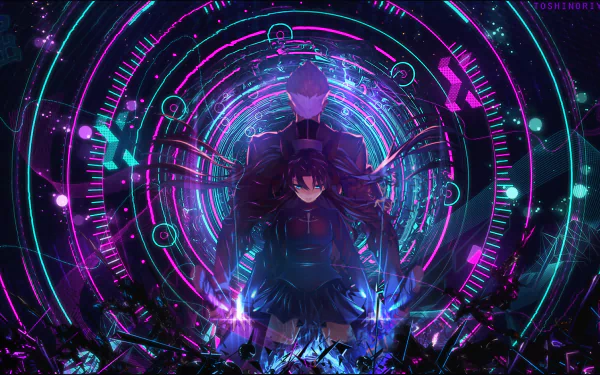 HD wallpaper featuring Archer and Rin Tohsaka from Fate/Stay Night: Unlimited Blade Works, with vibrant neon colors and intricately designed background elements.