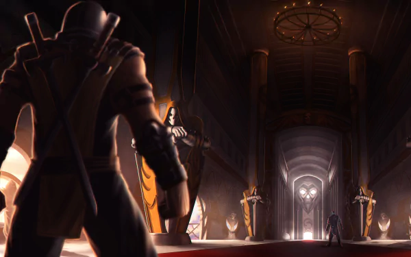 4K Ultra HD Mortal Kombat PC wallpaper: Scorpion stands in foreground facing Sub‑Zero across a dim, ornate hall, ready to clash — iconic video game showdown.