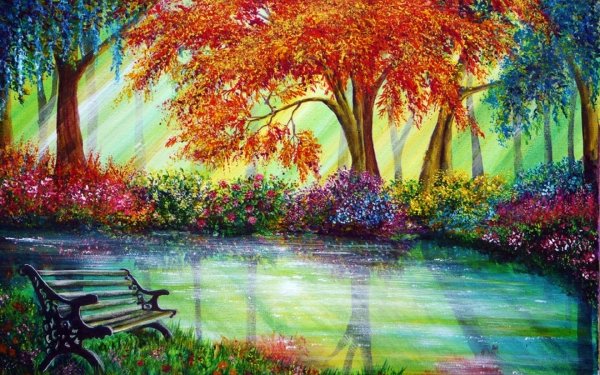 Artistic Painting Spring Colors Colorful Pond Bench Tree Flower HD Wallpaper | Background Image