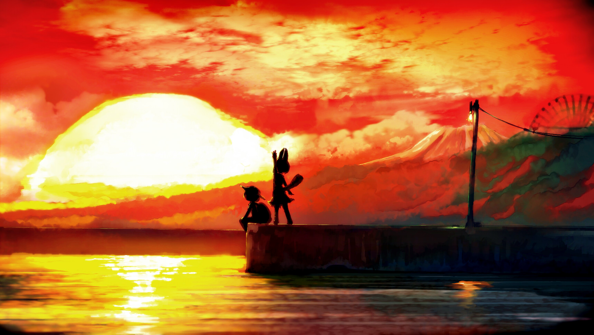 Silhouettes of Kaban and Serval from Kemono Friends stand on a pier against a vivid orange sunset in this HD anime desktop wallpaper.
