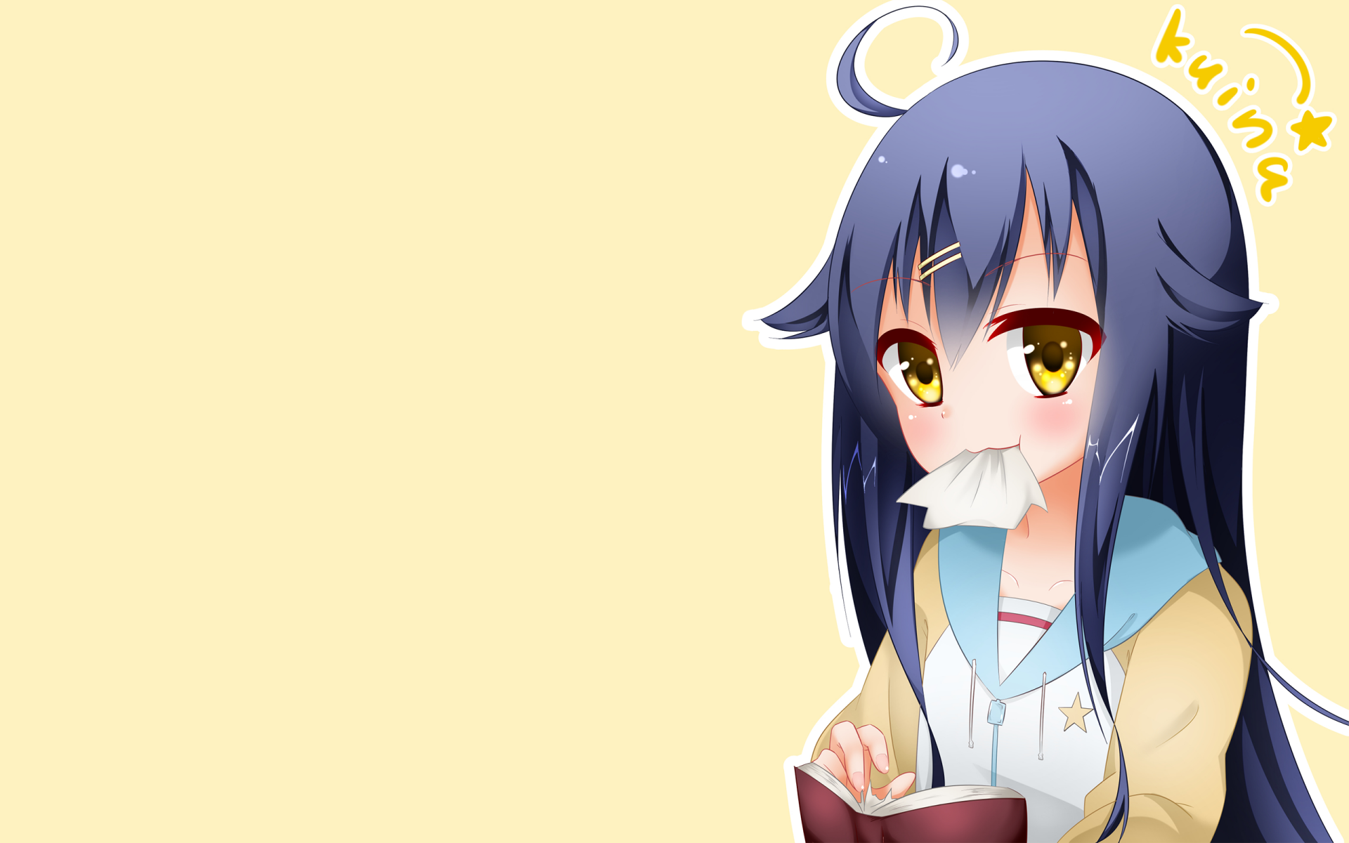 HD PC desktop wallpaper featuring an anime character from Hinako Note with long dark blue hair, golden eyes, and a tissue at her nose against a pale yellow background.