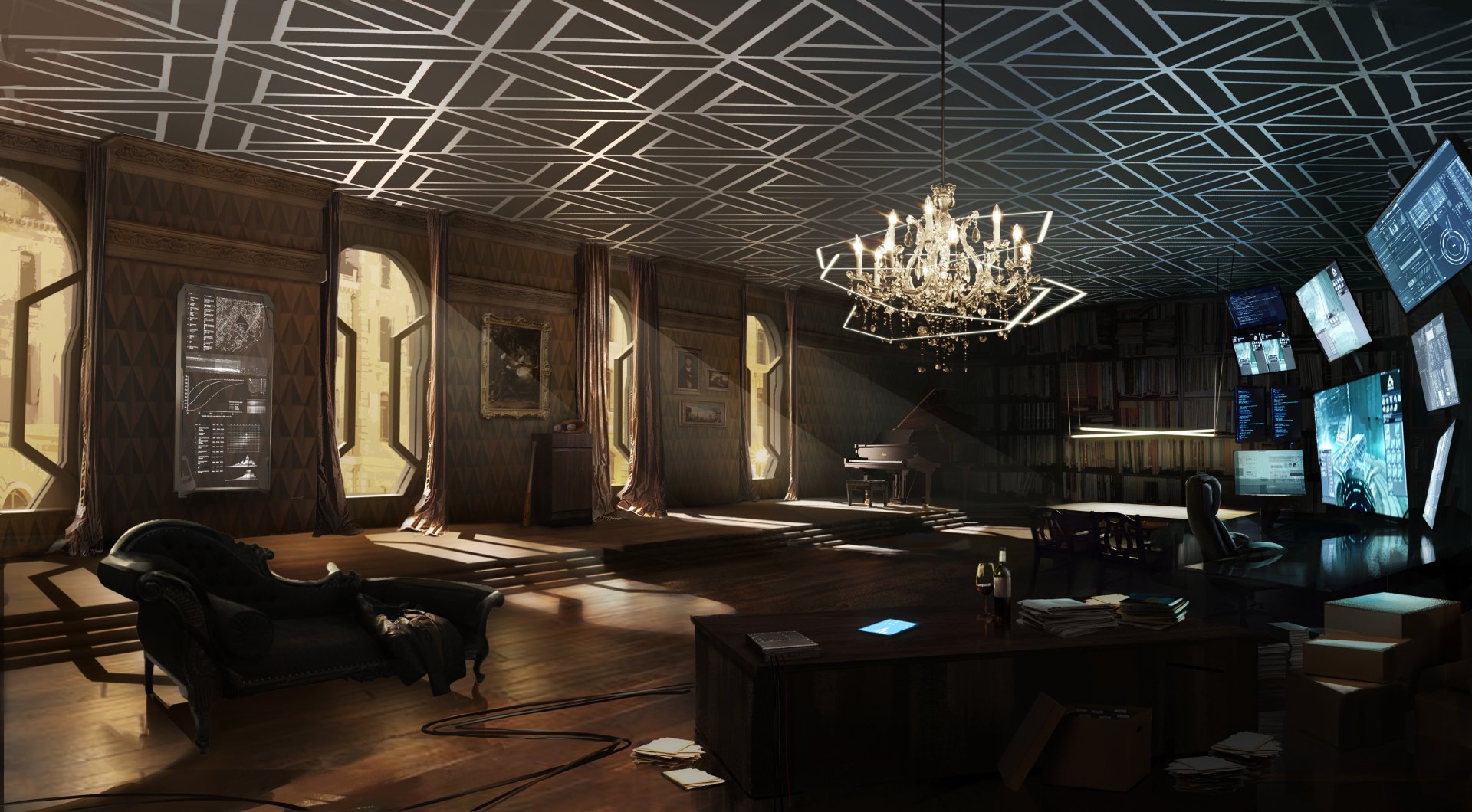 HD PC desktop wallpaper of a dimly lit, stylish room from the video game Deus Ex: Mankind Divided, featuring futuristic design elements and multiple monitors.