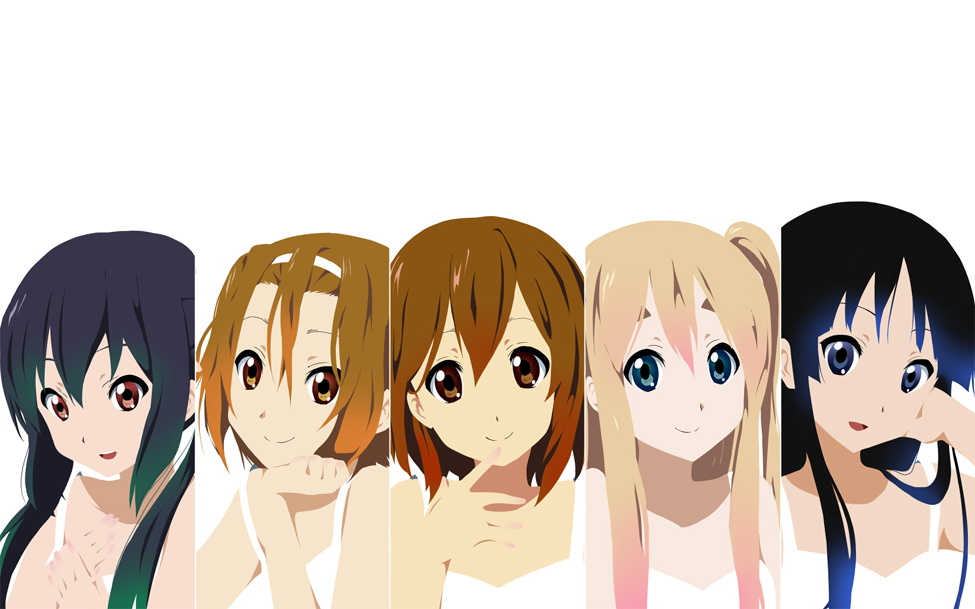 HD desktop wallpaper featuring Azusa Nakano, Tsumugi Kotobuki, Yui Hirasawa, Ritsu Tainaka, and Mio Akiyama from the anime K-ON! The characters are illustrated with bright, cheerful expressions.