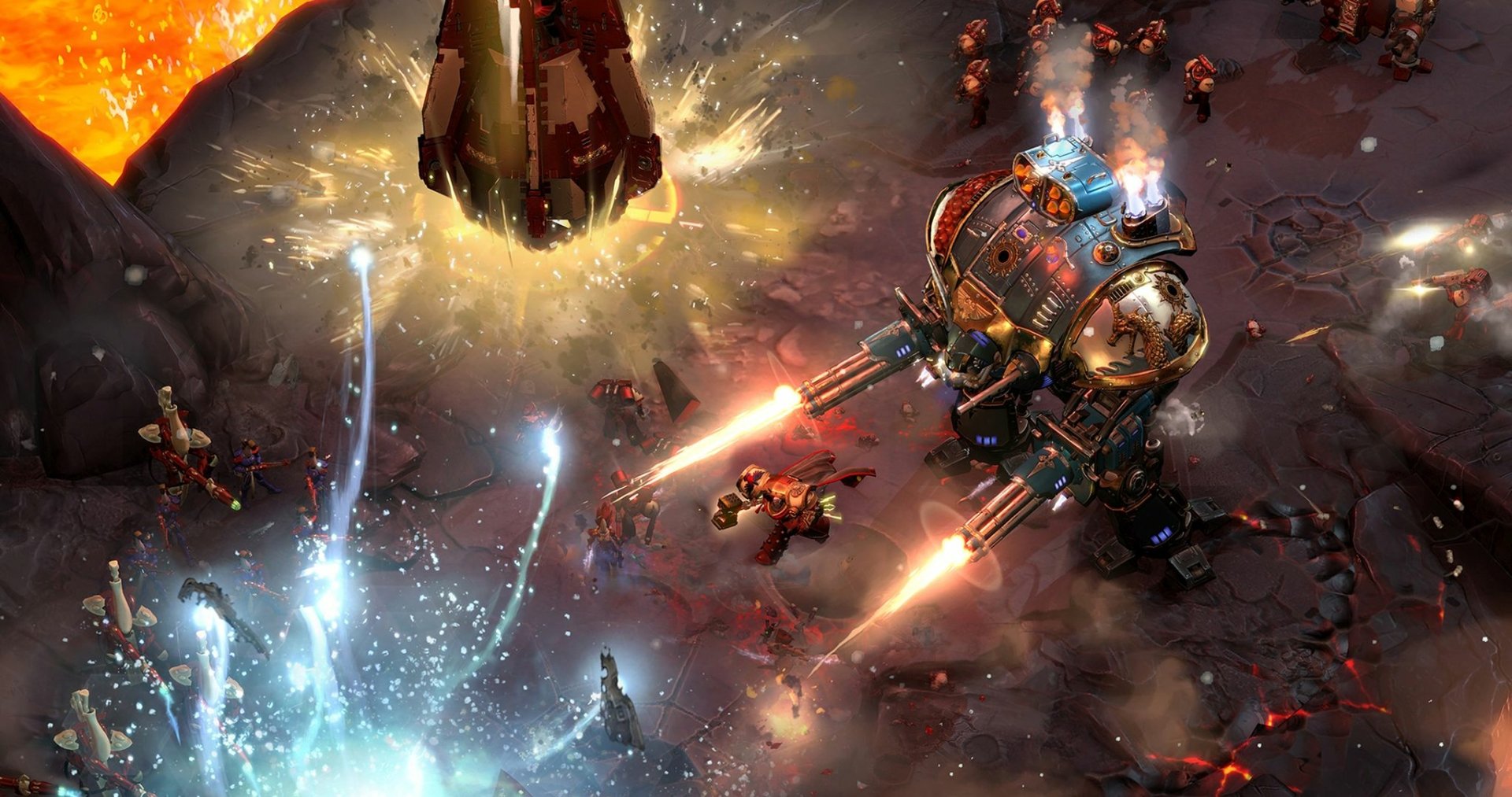 HD PC desktop wallpaper featuring intense battle scenes from the video game Warhammer 40,000: Dawn of War III with futuristic armored units and energy blasts.
